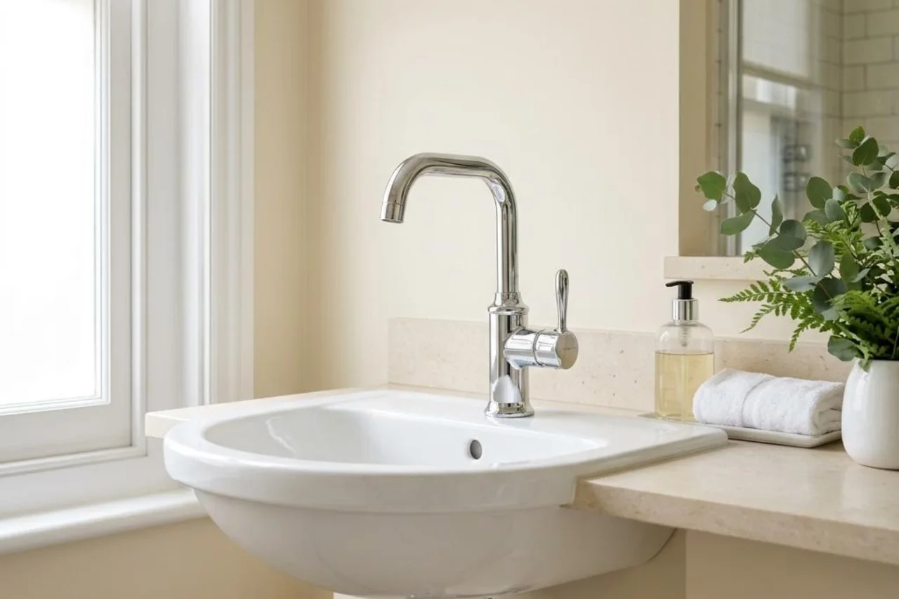 A polished chrome tap and white basin in a bright bathroom